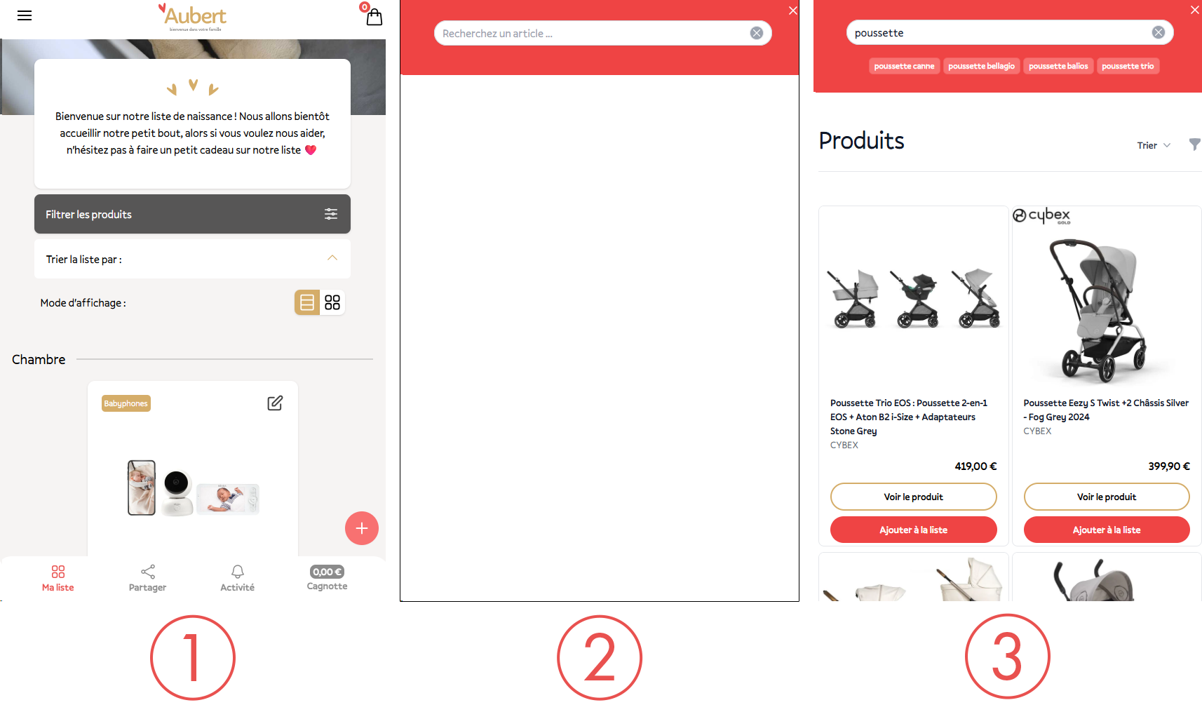 Étapes pour ajouter des produits à votre liste de naissance Aubert