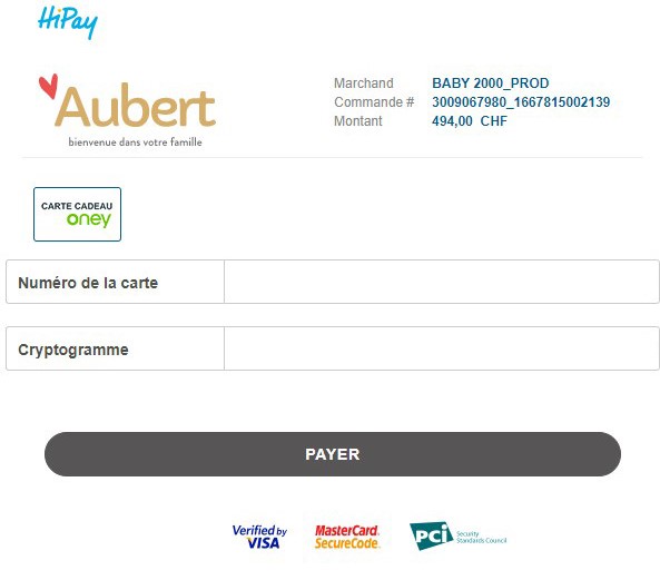 Le numéro de la carte cadeau sur le site aubert.com