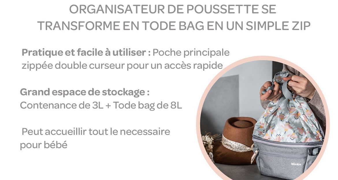 Pochette organisateur de poussette BEABA Biarritz transformable en sac -  gris chiné, Puériculture