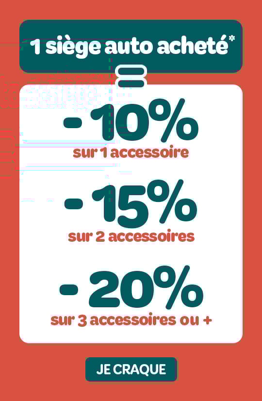 Un siège auto acheté = 10% pour l’achat d’1 accessoire, 15% pour l’achat de 2 accessoires, 20% pour l’achat de 3 accessoires